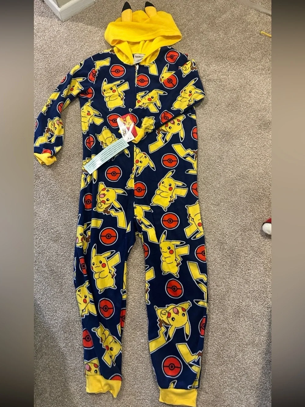 Pikachu Navy and Yellow Fleece Kids One-Piece Hooded Pajamas and Beanie set